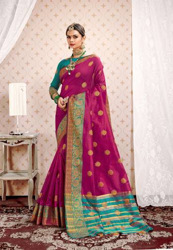 Look Pretty In This Simple And Elegant Looking Designer Saree In Magenta  Pink Color Paired With Blue Colored Blouse. This Saree And Blouse are Fabricated On Cotton Silk Beautified With Weave Over Lace Border.