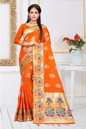 Celebrate This Festive Season Wearing This Designer Silk Based Saree In Orange Color Paired With Orange Colored Blouse, This Saree And Blouse Are Fabricated On Art Silk Beautified With Weave. Buy This Saree Now.