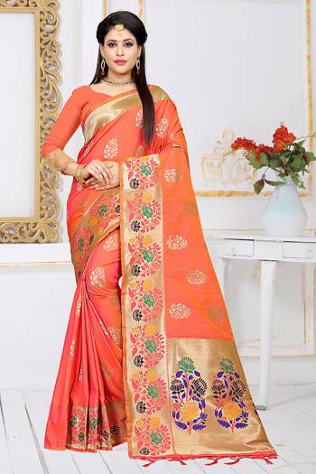 Celebrate This Festive Season Wearing This Designer Silk Based Saree In Orange Color Paired With Orange Colored Blouse, This Saree And Blouse Are Fabricated On Art Silk Beautified With Weave. Buy This Saree Now.
