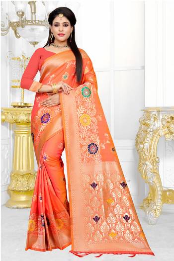 Celebrate This Festive Season Wearing This Designer Silk Based Saree In Orange Color Paired With Orange Colored Blouse, This Saree And Blouse Are Fabricated On Art Silk Beautified With Weave. Buy This Saree Now.