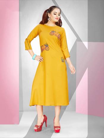 Look Pretty In This Designer Readymade Straight Kurti In Yellow Color Fabricated On Rayon. It Is Beautified With Pretty Resham Work Giving It A Very Pretty Look.  Also It Is Available In All Regular Sizes, choose As Per Your Comfort. 