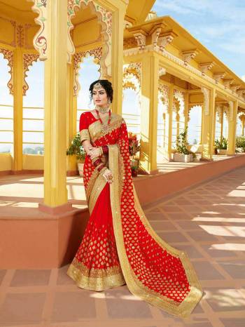 Celebrate This Festive Season With Beauty And Comfort Wearing This Attractive Looking Saree In Red Color Paired With Red Colored Blouse. This Heavy Embroidered Saree Is Fabricated On Georgette Paired With Art Silk Fabricated Blouse. Buy This Saree Now.