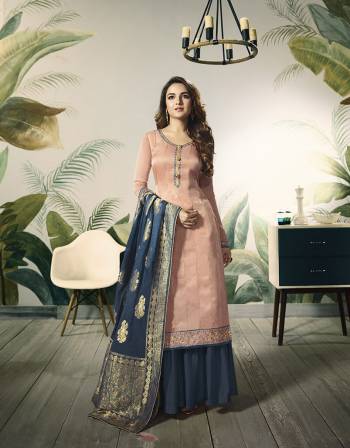 Add This Very Pretty Designer Indo-Western Suit To Your Wardrobe?For The Upcoming Festive And Wedding Season. Its Peach Colored Top Is Fabricated On Satin Silk Paired With Contrasting Blue Colored Bottom And Dupatta. Its Bottom Is Fabricated On Santoon Paired With Jacquard Silk Fabricated Dupatta. Buy Now