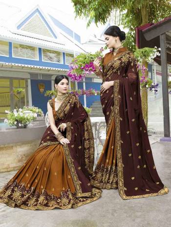 Celebrate This Festive Season Wearing This Heavy Designer Saree In Brown And Musturd Yellow Color Paired With Musturd Yellow Colored Blouse. This Saree Is Fabricated On Soft Silk And Chiffon Paired With Art Silk Fabricated Blouse. Buy Now.