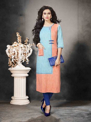 Look Pretty In This Readymade Sky Blue And Orange Colored Kurti Fabricated On Khadi Cotton Beautified With Prints. It Is Soft Towards Skin And Easy To Carry All Day Long. 