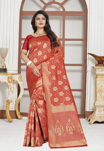 Adorn The Pretty Angelic Look In Red With This Heavy Weaved Designer Saree. This Saree And Blouse are Fabricated on Art Silk. Its Rich Fabric And Color Will Earn You Lots Of Compliments From Onlookers. 