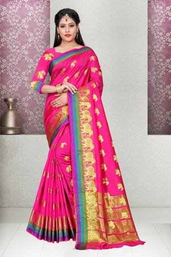 Bright And Visually Appealing Color Is Here With This Designer Silk Based Saree In Rani Pink Color Paired With Rani Pink Colored Blouse. This Saree And Blouse Fabricated On Cotton Silk Beautified With Weave. This Saree Is Light In Weight And Easy To Carry All Day Long. 