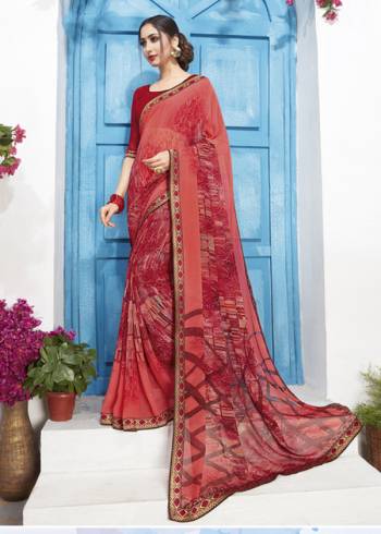 Grab This Very Pretty Printed Saree In Red Color Paired With Red Colored Blouse. This Saree And Blouse Are Fabricated On Georgette Beautified With Prints All Over. This Saree IS Light In Weight And Easy To Carry All Day Long. 