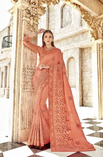 A Must Have Shade In Every Womens Wardrobe Is Here With This Designer Saree In Peach Color Paired With Peach Colored Blouse. This Saree Is Fabricated On Silk Georgette Paired With Art Silk Fabricated Blouse. Its Beautiful Embroidery And Color Will Earn You Lots Of Compliments From Onlookers. 