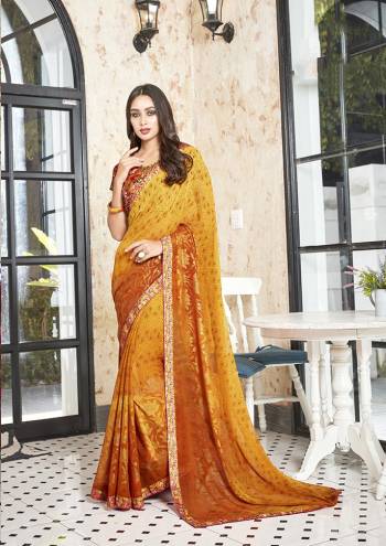 Get Ready For This Festive Season With This Pretty Yellow Colored Saree Paired With Brown Colored Blouse. This Saree Is Georgette Based Paired With Art Silk Fabricated Blouse. It Is Light Is Weight And Easy To Carry All Day Long. 