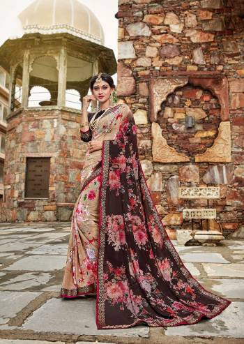 You Will Definitely Earn lots Of Compliments Wearing This Pretty Floral Printed Saree In Beige And Brown Color Paired With Brown Colored Blouse. This Saree And Blouse Are Fabricated On Weightless Georgette Beautified Bold Floral Prints In Contrasting Colors. 