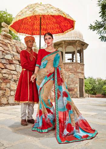 Here Is A Pretty Printed Saree In Beige And Red Color. This Saree And Blouse Are Fabricated On Weightless Georgette Beautified Abstract Prints And Lace Border. 