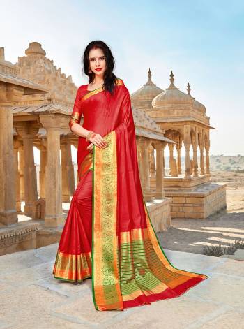 Celebrate This Festive Season With Beauty And Comfort Wearing This Designer Silk Saree In Red Color Paired With Red Colored Blouse. This Saree And Blouse Are Fabricated On Banarasi Art Silk Beautified With Weave. 