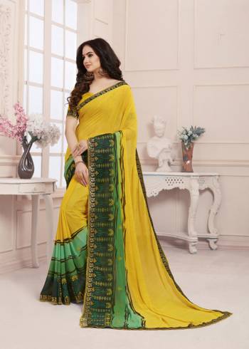 Celebrate This Festive Season With Beauty and Comfort Wearing This Pretty Shaded Saree In Yellow And Green Color Paired With Yellow Colored Blouse. This Saree Is Georgette Based Paired With Art Silk Fabricated Blouse. 