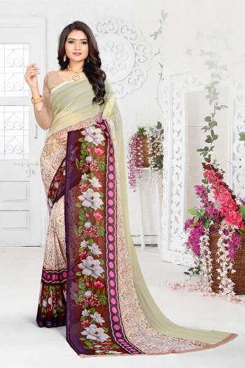 Add Colors To Your Wardrobe With This Very Pretty Shades Of Pastel With This Multi Colored Saree Paired With Beige Colored Blouse. This Saree And Blouse are Georgette Based Which Is Light Weight And Easy To Carry All Day Long. 