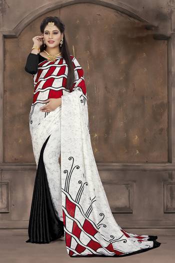 Simple Saree For Your Casual Wear Is Here In White And Black Color Paired With Black Colored Blouse. This Saree And Blouse are Fabricated On Crepe Jacquard Beautified With Prints. Grab this Light Weight Saree For Casuals Now.