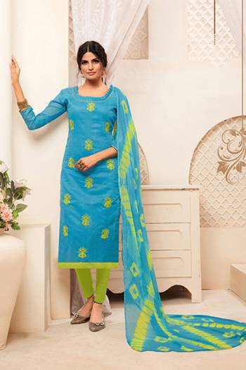 Grab This Pretty Dress Material For Your Casuals Or Semi-Casuals In Sky Blue Colored Top Paired With Contrasting Light Green Colored Bottom And Sky Blue Dupatta. Its Top IS Fabricated On Modal Silk Paired With Cotton Bottom And Chiffon Fabricated Dupatta.