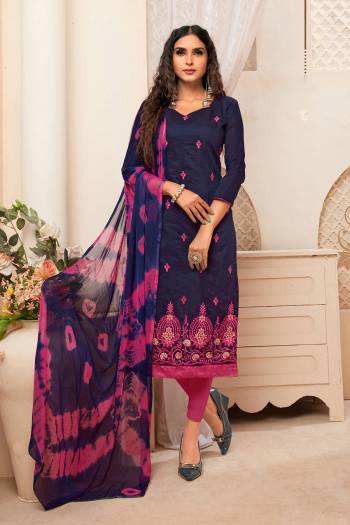 For Your Semi-Casual Wear, Grab This Dress Material And Get This Stitched As Per Your Desired Fit And Comfort. This Silk Based Top Is In Navy Blue Color Paired With Magenta Pink Colored Cotton Based Bottom And Chiffon Dupatta. Buy Now.