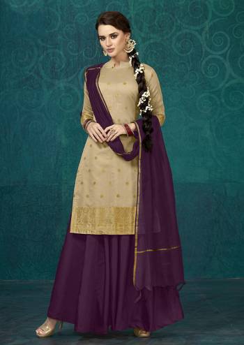 Here Is A Rich And Elegant Looking Designer Readymade Lehenga Suit Is Here In Beige Color Paired With Purple Colored Bottom And Dupatta. Its Top IS Fabricated On Jacquard Silk Paired With Tafeta Silk Lehenga And Chanderi Silk Dupatta. Buy This Suit Now.