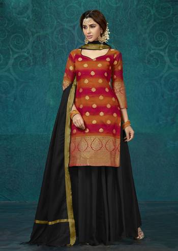 Celebrate This Festive Season With Beauty And Comfort Wearing This Designer Readymade Lehenga Suit In Red & Orange Colored Top Paired With Black Colored Bottom And Dupatta. It Top Is Fabricated On Jacquard Silk Paired With Tafeta Silk Lehenga And Chanderi Silk Dupatta. This Silk Based Suit Gives A Rich Look To Your Personality. 