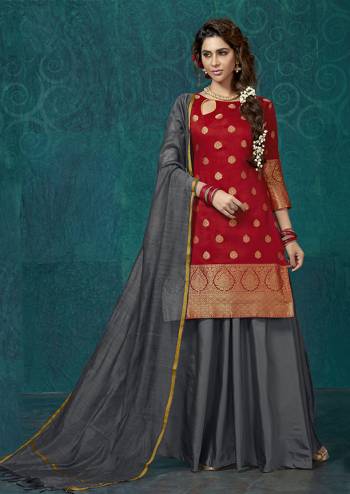 For A Proper Traditional Look, Grab This Readymade Suit In Red Colored Top Paired With Contrasting Grey Colored Bottom And Dupatta. Its Top Is Fabricated On Jacquard Silk Paired With Tafeta Silk Lehenga And Chanderi Silk Dupatta. 