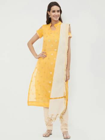 For Casual Wear, Grab This Dress Material In Yellow And Off-White Color and Get This Stitched As Per Your Desired Fit And Comfort. Its Top Is Fabricated On Chanderi Cotton Paired With Cotton Bottom And Dupatta. 