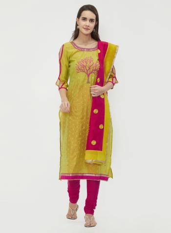 For Casual Wear, Grab This Dress Material In Pear Green And Magenta Pink Color and Get This Stitched As Per Your Desired Fit And Comfort. Its Top Is Fabricated On Chanderi Cotton Paired With Cotton Bottom And Dupatta. 