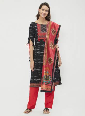 For Casual Wear, Grab This Dress Material In Black And Red Color and Get This Stitched As Per Your Desired Fit And Comfort. Its Top And Bottom Are Fabricated On Cotton Paired With Art Silk Fabricated Dupatta. 