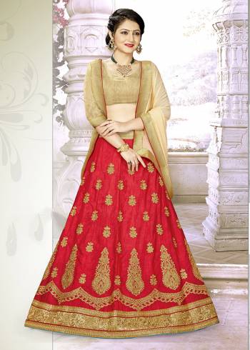 Grab This Beautiful Designer Lehenga Choli In Golden Colored Blouse Paired With Red Colored Lehenga And Contrasting Beige Colored Dupatta. Its Blouse IS Silk Based Paired With Satin Silk Embroidered Lehenga And Chiffon Fabricated Dupatta. Buy Now.