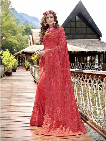 Add This Very Pretty Heavy Designer Saree To Your Wardrobe In Crimson Red Color Paired With Crimson Red Colored Blouse. This Saree And Blouse Are Fabricated On Georgette Beautified With Heavy Tone To Tone Embroidery Which Gives A Rich Subtle Look. 