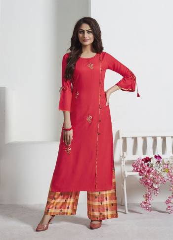 Attract All Wearing This Readymade Pair Of Kurti And Pants In Crimson Red Colored Top Paired With Multi Colored Bottom. Its Top Is Fabricated On Rayon Slub Paired With Soft Silk Fabricated Bottom. Both Its Fabric Are Light Weight And Easy To Carry All Day Long. 