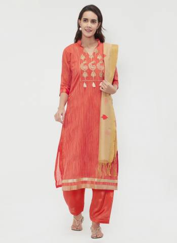 If Those Readymade Suit Does Not Lend You Desired Comfort, Than Grab This Dress Material In Orange And Beige Color. Its top Is Fabricated On Chanderi Cotton Paired With Santoon Bottom And Chanderi Cotton Dupatta. Get This Stitched As Per Your Desired Fit And Comfort. Buy Now.