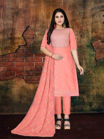 If Those Readymade Suit Does Not Lend You The Desired Comfort Than Grab This Pretty Dress Material In Peach Color And Get This Stitched as Per Your Desired Fit And Comfort. Its Top Is Fabricated On Art Silk Paired With Santoon Bottom And Chiffon Fabricated Dupatta. Its Top And Dupatta Are Beautified With Gota Patti Work Which Gives An Attractive Look To The Suit. 