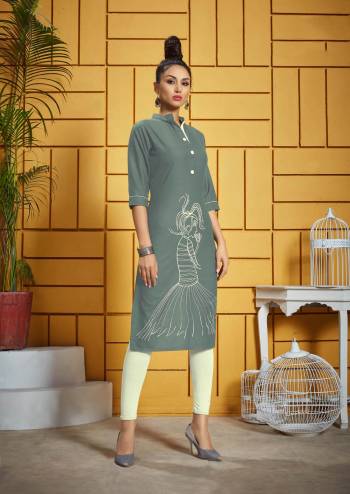 Simple And Elegant Looking Readymade Kurti In Grey Color Fabricated On Rayon. It Is Beautified With Pretty Minimal Thread Work And Available In All Regular Sizes.