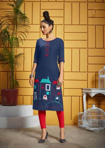 For Your Casual Wear, Grab This Readymade Kurti In Dark Blue Color Fabricated On Rayon. This Pretty Kurti Is Beautified With Multi Colored Thread Work. Also It Is Light In Weight And Easy To Carry All Day Long. 