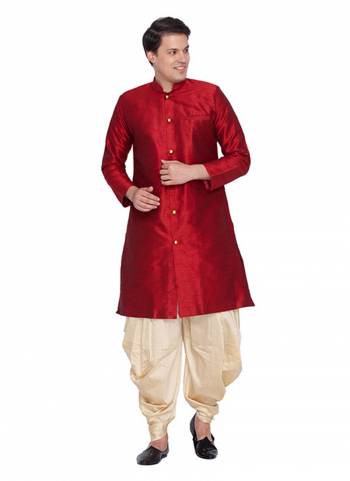 Grab This Royal Set Of Dhoti Kurta For Men's Wear In Maroon And Cream Color. This Readymade Pair Is Fabricated On Cotton Silk Which Gives A Rich Look To Your Personality. Also Its Is Available In All Sizes, Choose As Per Your Desired Fit And Comfort. Its Fabric Is Rich In Class And Durable. Buy Now.