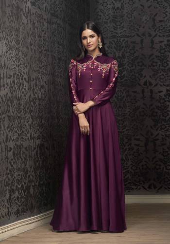 Shine Bright In This Designer Readymade Gown In Wine Color Fabricated On Satin Silk.This Pretty Gown Is Available In Regular Sizes Which Also Comes With Margin. Buy This Pretty Gown Now.