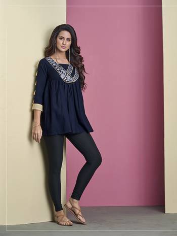 Enhance Your Personality Wearing This Designer Readymade Top In Navy Blue Color Fabricated On Rayon. It IS Beautified With Thread Work and Also It IS Light Weight And Easy To Carry All Day Long. 