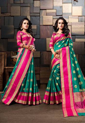 Catch All The Limelight Wearing This Designer Cotton Silk Based Saree In Sea Green Color Paired With Contrasting Rani Pink Colored Blouse. It Is Light Weight, Durable And Easy To Carry All Day Long. 