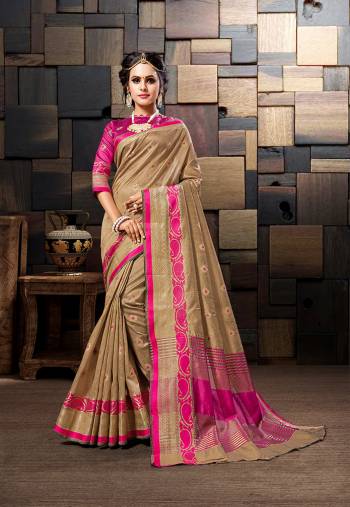 Flaunt Your Rich And Elegant Taste In This Cotton Silk Based Saree In Beige Color Paired With Dark Pink Colored Blouse. This Saree And Blouse Are Beautified With Weave All Over It.