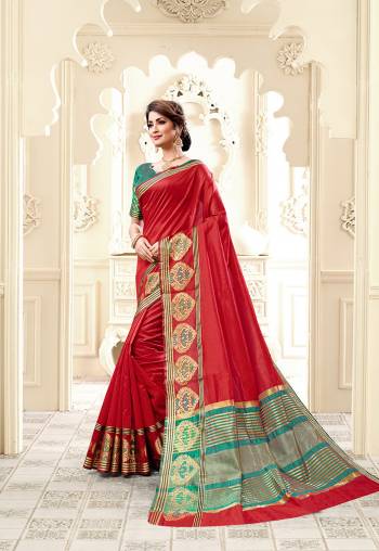 You Will Definitely Earn Lots Of Compliments Wearing This Designer Silk Based Saree In Red Color Paired With Contrasting Sea Green Colored Blouse. This Saree And Blouse Are Fabricated On Cotton Silk Beautified With Attractive Weave. 