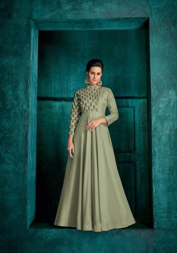 This Season Is About Subtle Shades And Pastel Play, So Grab This Very Pretty Designer Readymade Gown In Pastel Green Color Fabricated On Soft Art Silk. It Has Very Beautiful Pattern On Yoke And Sleeve With Pretty Embroidery Work. 