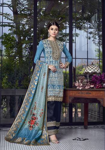 Look Pretty In This Heavy Designer Sharara Suit In Blue Colored Top And Dupatta Paired With Black Colored Bottom. Its Top Is Fabricated On Soft Silk Paired With Satin Silk Bottom And Jacquard Silk Dupatta. Buy This Heavy Suit Now.