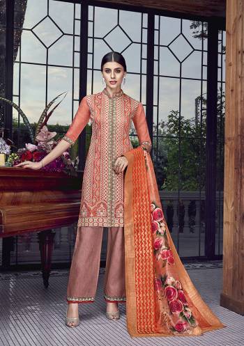 For A Proper Traditional Look, Grab This Heavy Designer Sharara Suit In Orange Color. This Whole Set Is Silk Based Which Also Gives A Rich And Elegant Look To Your Personality. Buy This Suit Now.