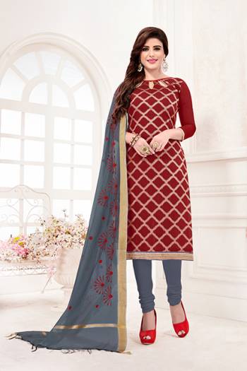 New And Unique Color Pallete IS Here With This Designer Dress Material In Maroon Colored Top Paired With Contrasting Dark Grey Colored Bottom And Dupatta,. Its Top Is Fabricated On Jacquard Silk Paired With Cotton Bottom And Cotton Silk Dupatta. 