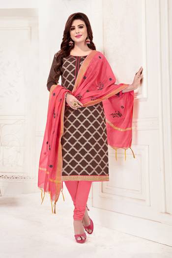 New And Unique Color Pallete IS Here With This Designer Dress Material In Brown Colored Top Paired With Contrasting Old Rose Pink Colored Bottom And Dupatta,. Its Top Is Fabricated On Jacquard Silk Paired With Cotton Bottom And Cotton Silk Dupatta. 