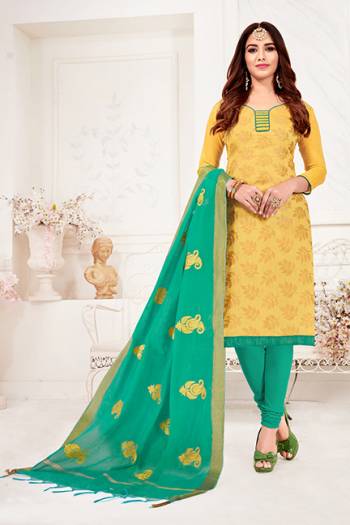 Add Some Casuals, With This Designer Dress Material In Musturd Yellow Colored Top Paired With Sea Green Colored Bottom And Dupatta. Its Top Is Fabricated On Jacquard Silk Paired With Cotton Bottom And Cotton Silk Fabricated Dupatta. Its Fabrics Are light Weight And Easy To Carry All Day Long. 