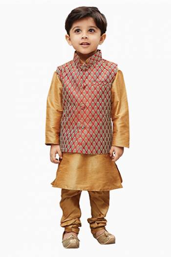 Get Your Cute Little Kids This Amazing Pair Of Kurta Pyjama With Modi\Nehru Style Jacket For The Upcoming Festive And Wedding Season. This Pair Of Kurta And Pyjama Are Fabricated On Cotton Silk Paired With Jacquard Silk Fabricated Jacket. It Is Available In All Sizes As Per Age Group. Buy Now.