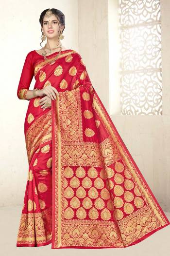 Celebrate This Festive Season Wearing This Rich And Elegant Looking Heavy Woven Saree In Red Color Paired With Red Colored Blouse. This Saree And Blouse are Fabricated On Art Silk Beautified With heavy Weave. Buy Now.