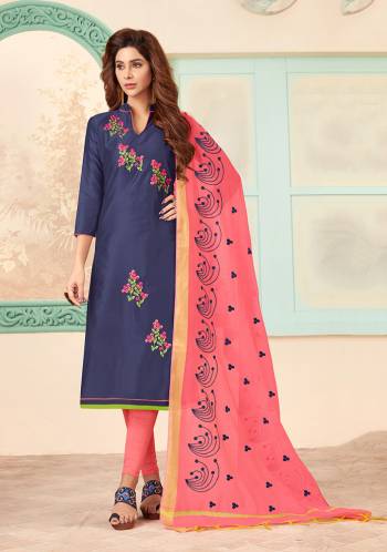 Here Is A Royal Looking Designer Suit With Rich Color Pallet In Navy Blue Colored Top Paired With Contrasting Pink Colored Bottom And Dupatta. Its Top Is Fabricated On Cotton Slub Paired with Cotton Bottom And Chanderi Cotton Fabricated Dupatta. Its Top And Dupatta are Beautified With Thread Work.